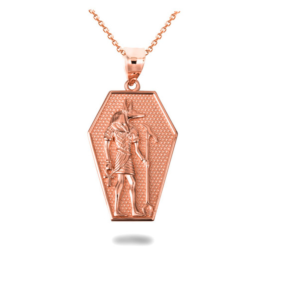 Rose Gold Ancient Egyptian Anubis Coffin Ankh Textured Pendant Necklace