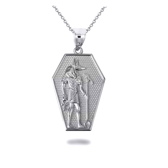 White Gold Ancient Egyptian Anubis Coffin Ankh Textured Pendant Necklace