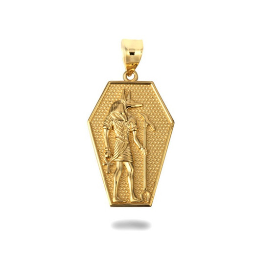 Gold Ancient Egyptian Anubis Coffin Ankh Textured Pendant Necklace (Available in Yellow/Rose/White Gold)