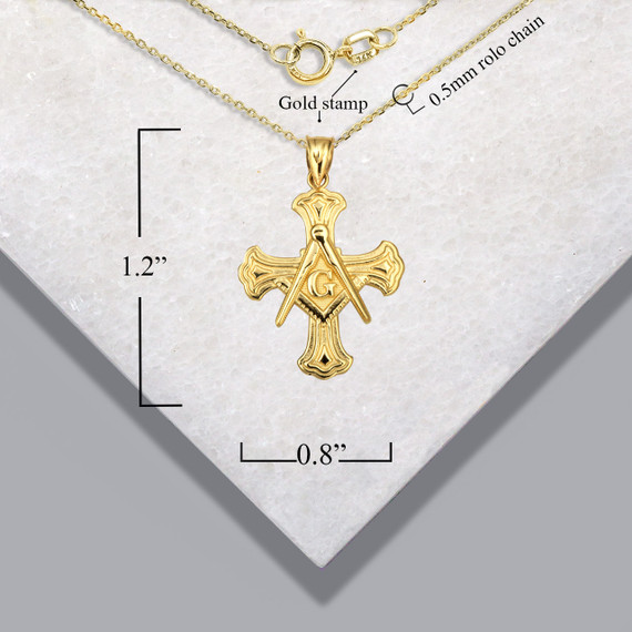Yellow Gold Freemason Cross Square and Compass Pendant Necklace with measurements