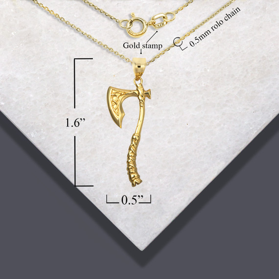 Yellow Gold Viking Norse Battle Axe Pendant Necklace with measurements