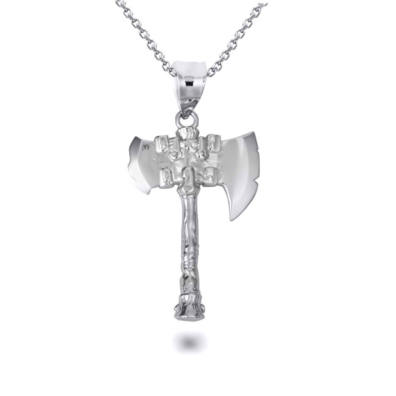 White Gold Viking Battle Axe Norse Pendant Necklace