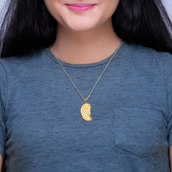 Yellow Gold Engravable Horse Head Pendant Necklace on Female Model