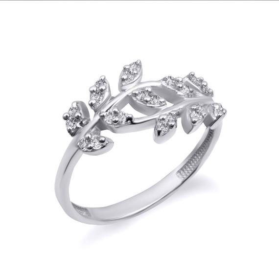 White Gold Diamond Olive Leaf Branch Ring