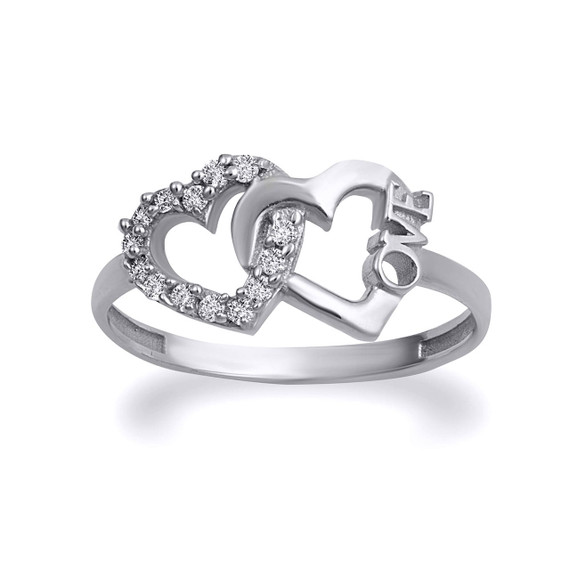 White Gold Double Heart Love CZ Ring