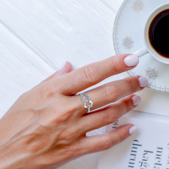 Silver Double Heart Love CZ Ring on female model