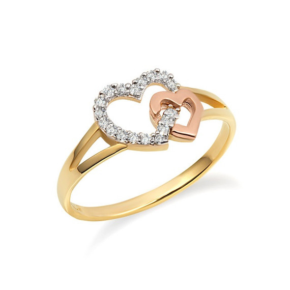 Two-Tone Gold Double Heart CZ Open Love Ring (Available in Yellow/Rose/White Gold)