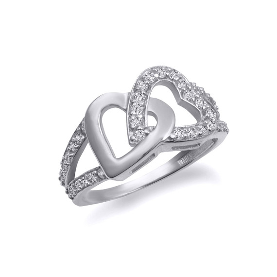 White Gold Double Heart CZ Open Band Love Ring