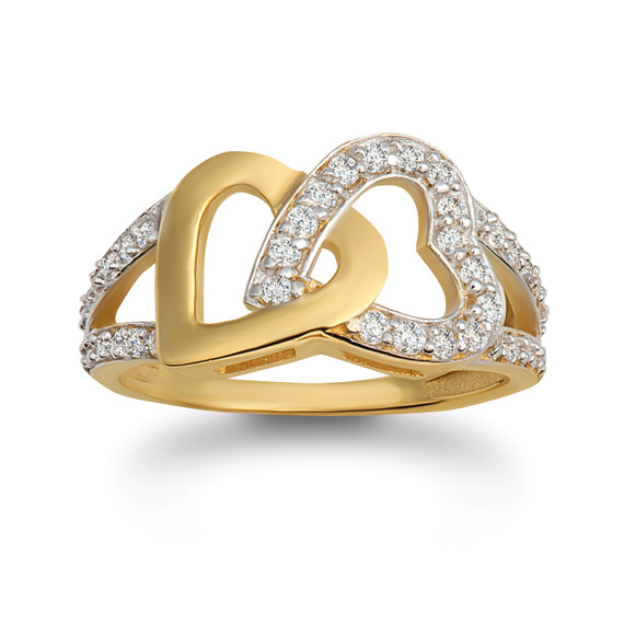 Yellow Gold Double Heart CZ Open Band Love Ring