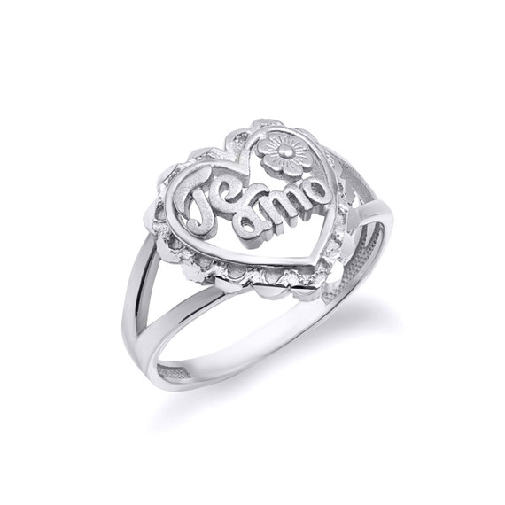 .925 Sterling Silver Te Amo Heart Rose Flower Love Ring