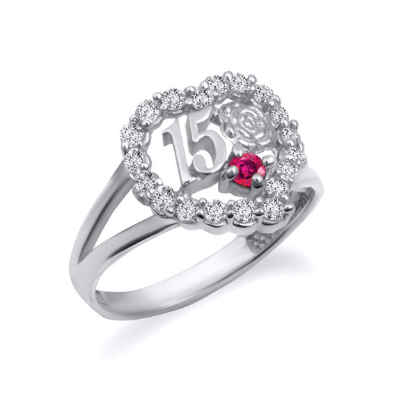.925 Sterling Silver 15 Anos Quinceanera Birthstone Heart Rose CZ Flower Love Ring