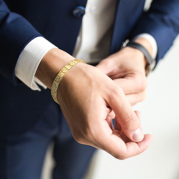 Gold Small Textured Nugget Bracelet on male model