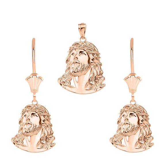 14k Gold Jesus Christ Head Pendant And Earrings Set(Available in Yellow/Rose/White Gold)