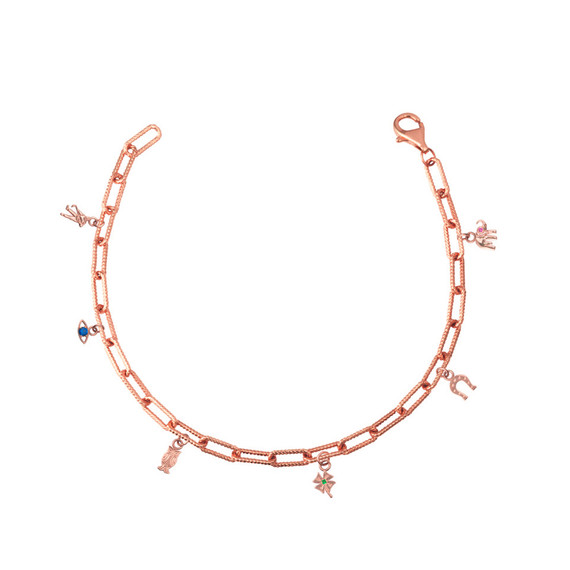 Gold Lucky Charm Symbols Paperclip Chain Link Bracelet (Available in Yellow/Rose/White Gold)