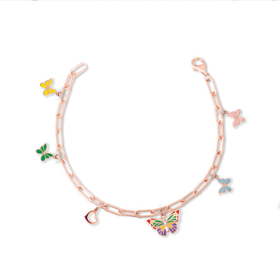 Rose Gold Butterfly Enamel Heart Charm Paperclip Chain Link Bracelet