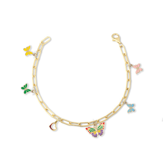 Gold Butterfly Enamel Heart Charm Paperclip Chain Link Bracelet