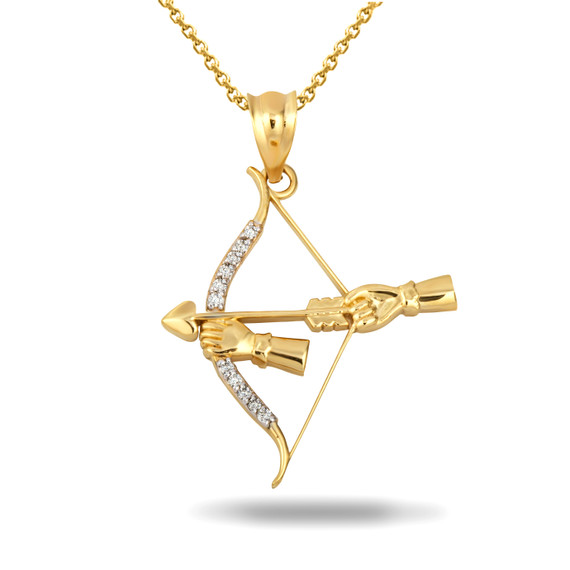 Gold Bow & Arrow Archer Diamond Cupid Love Pendant Necklace