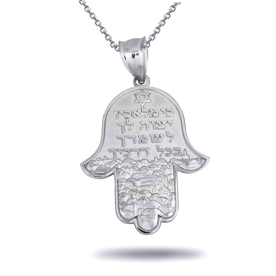 White Gold Hamsa Hand Jewish Star of David Pendant Necklace