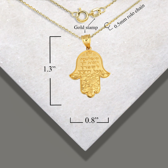 Gold Hamsa Hand Jewish Star of David Pendant Necklace with measurements