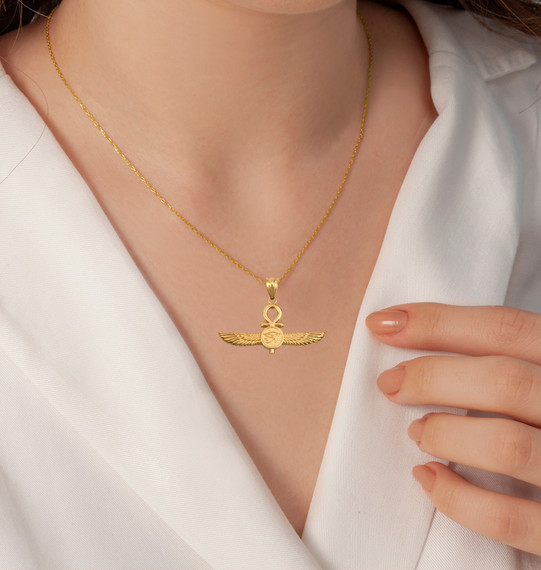 Yellow Gold Egyptian Ankh Cross Eye Of Horus Wedjat Winged Goddess Isis Protection Pendant Necklace on female model