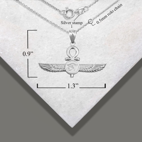 .925 Sterling Silver Egyptian Ankh Cross Eye Of Horus Wedjat Winged Goddess Isis Protection Pendant Necklace with measurements