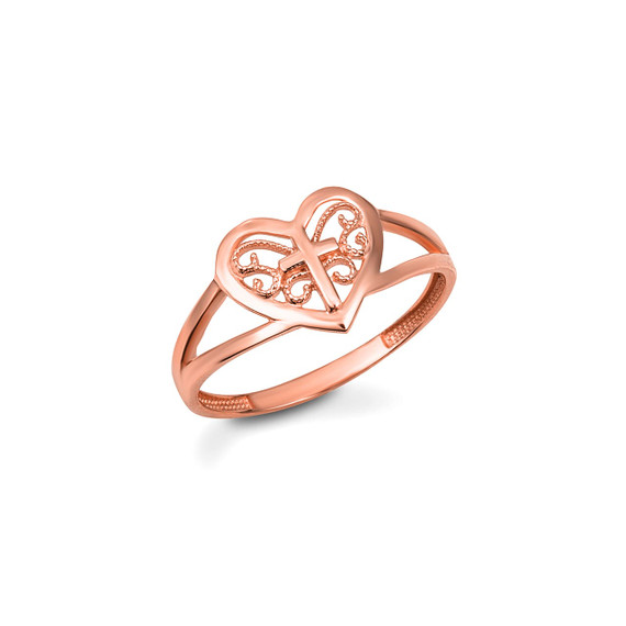 Rose Gold Filigree Heart Cross Ring