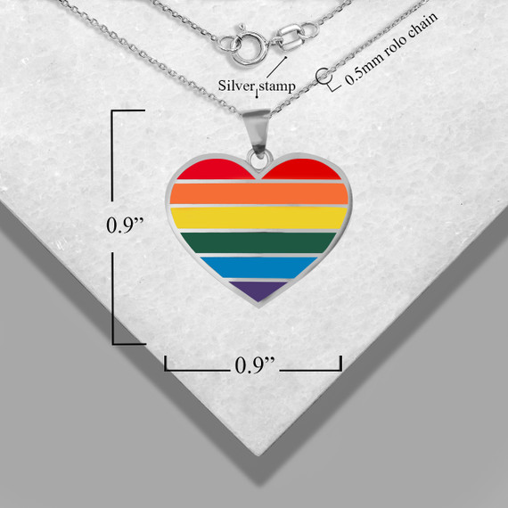 .925 Sterling Silver Pride Heart Enamel Pendant Necklace with measurements