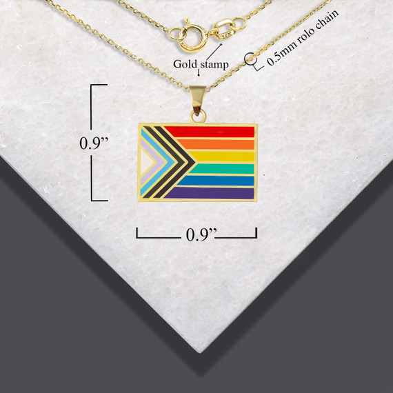 Gold Pride Flag Enamel Pendant Necklace with measurements