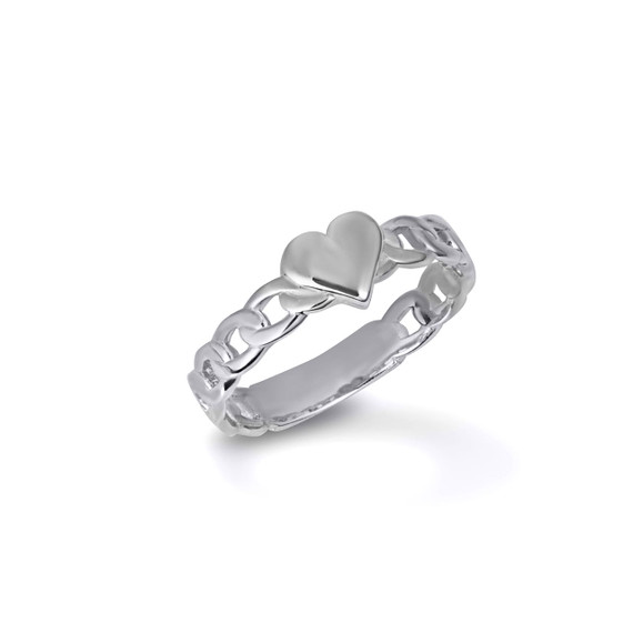 White Gold Heart Cuban Chain Link Love Ring