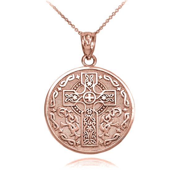 Rose Gold Celtic Cross Irish Blessing Textured Coin Medallion Pendant