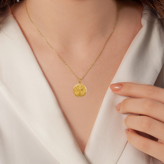 Yellow Gold Celtic Cross Irish Blessing Textured Coin Medallion Pendant Necklace on female model