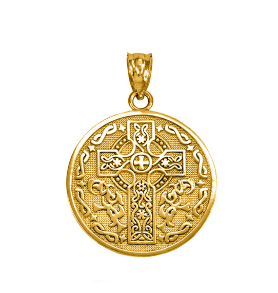 Yellow Gold Celtic Cross Irish Blessing Textured Coin Medallion Pendant