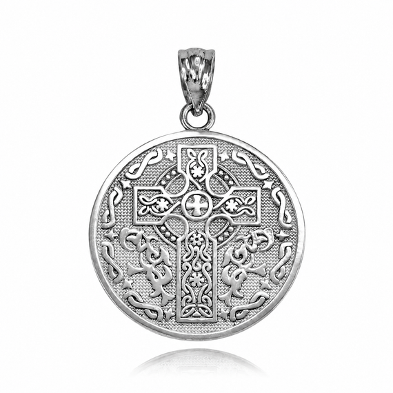 Gold Celtic Cross Irish Blessing Textured Coin Medallion Pendant Necklace (Available in Yellow/Rose/White Gold)