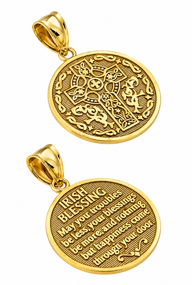 Gold Celtic Cross Irish Blessing Textured Coin Medallion Pendant Necklace (Available in Yellow/Rose/White Gold)