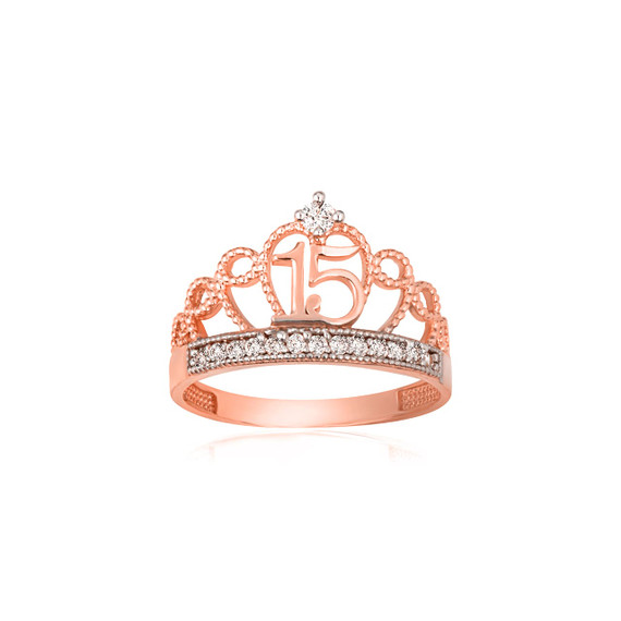 Two-Tone Rose/White Gold Cubic Zirconia 15 Años Filigree Crown Quinceañera Milgrain Ring
