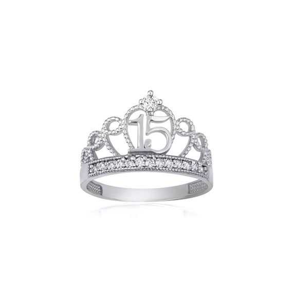 .925 Sterling Silver Cubic Zirconia 15 Años Filigree Crown Quinceañera Milgrain Ring