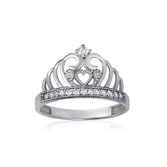 .925 Sterling Silver 15 Años CZ Quinceañera Princess Heart Crown Ring