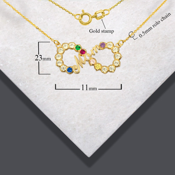 Gold Personalized Infinity Mom Birthstone Mother's Necklace with measurements