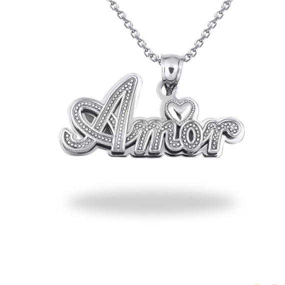 White Gold "Amor" Heart Love Script Pendant Necklace