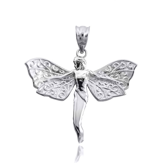 White Gold Mystical Fairy Angel Wings Charm Pendant