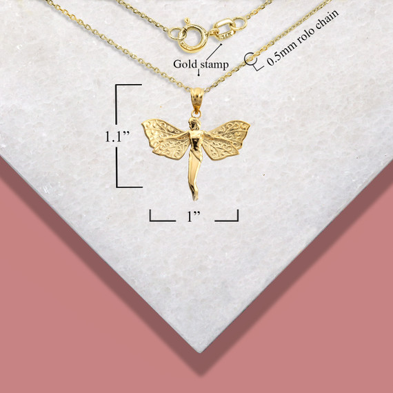Gold Mystical Fairy Angel Wings Charm Pendant Necklace with measurements