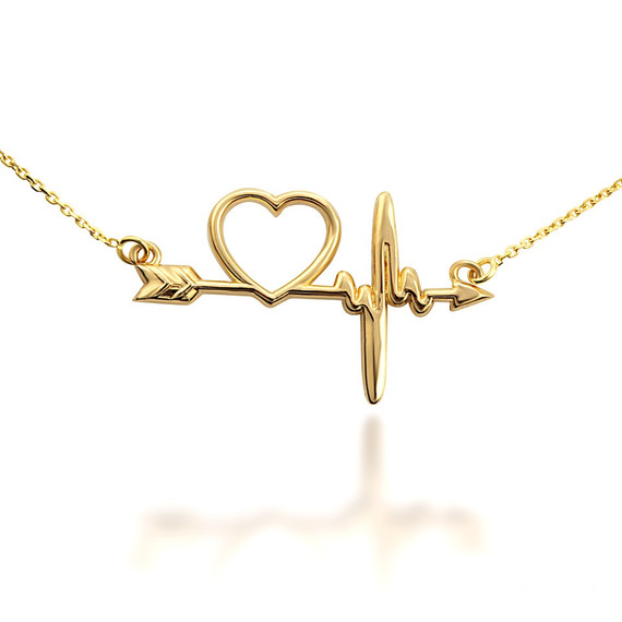 14K Gold Heartbeat Bow & Arrow Cupid Love Necklace (Available in Yellow/Rose/White Gold)