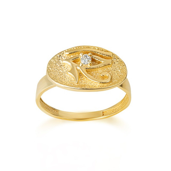 Gold Diamond Egyptian Symbol Of Protection Eye Of Horus Wadjet Textured Signet Ring (Available in Yellow/Rose/White Gold)