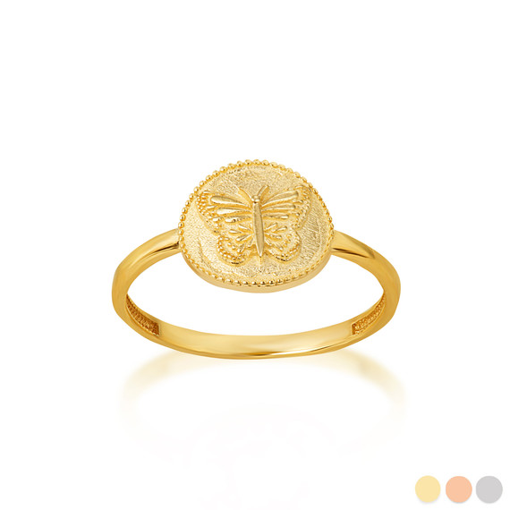 Yellow Gold Beaded Butterly Symbol Of Change Medallion Ring