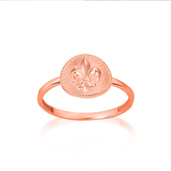 Rose Gold Beaded Fleur De Lis Lily Flower French Coat Of Arms Medallion Ring