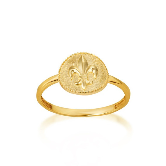 Gold Beaded Fleur De Lis Lily Flower French Coat Of Arms Medallion Ring (Available in Yellow/Rose/White Gold)