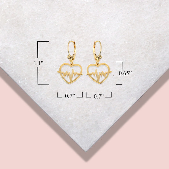 Yellow Gold Heartbeat Outline Earrings with measurements