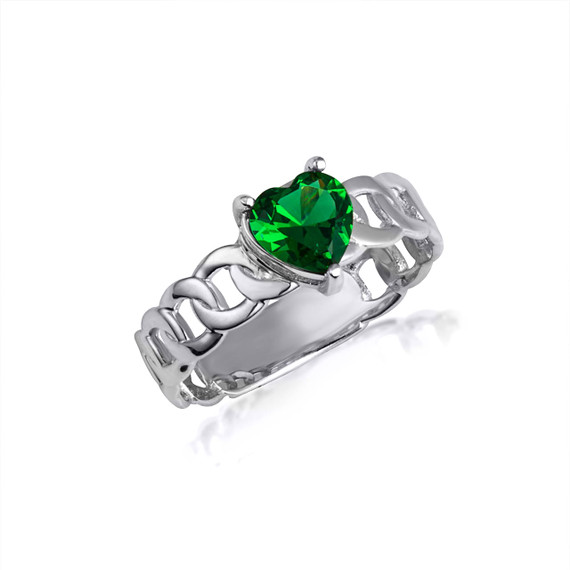 White Gold Heart Birthstone Cuban Chain Link Ring