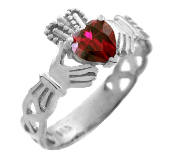 Silver Claddagh Trinity Band with Birthstone CZ Heart Rings