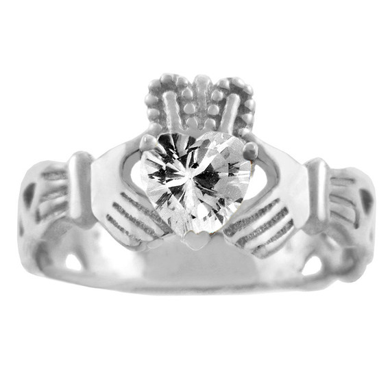 Silver Claddagh Trinity Band with Birthstone CZ Heart Rings